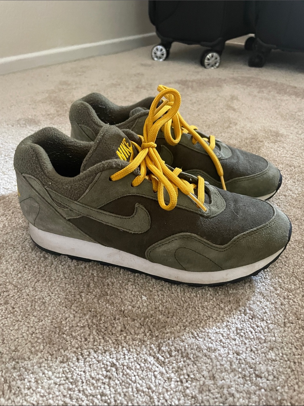 Nike Kids Olive Suede Sneakers with Yellow Laces